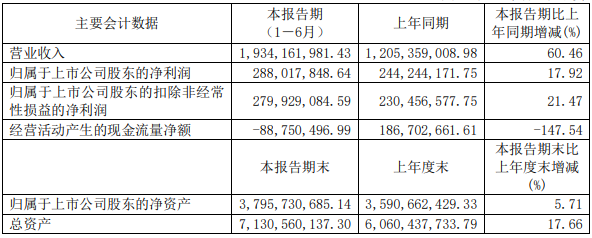   2022年上半年嘉元科技主要会计数据 单位：元