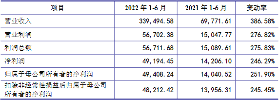 万润新能2022年上半年主要财务数据（单位：万元）