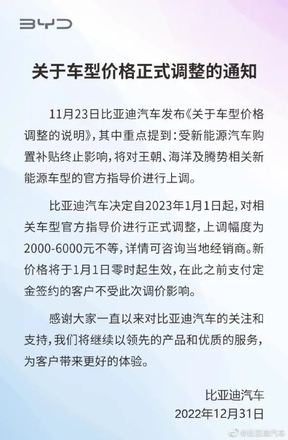 比亚迪上调相关新能源车型官方指导价 调幅为2000-6000元