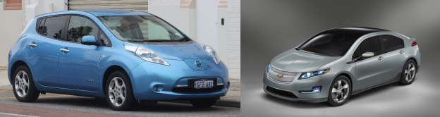 图片：第一代纯电汽车，如日产聆风（左）和雪佛兰volt（右）