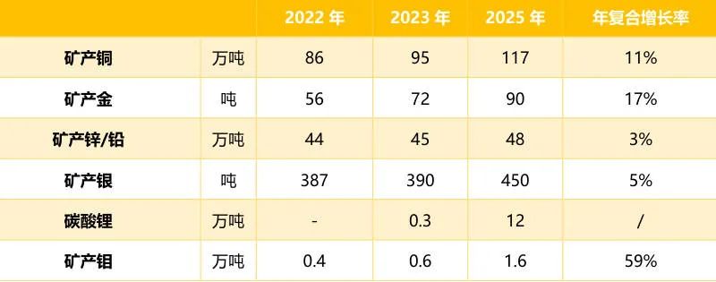 紫金矿业主要矿产品产量指标