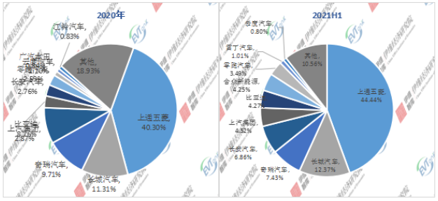 2020年/2021H1中国微型电动汽车企业TOP10市场份额
