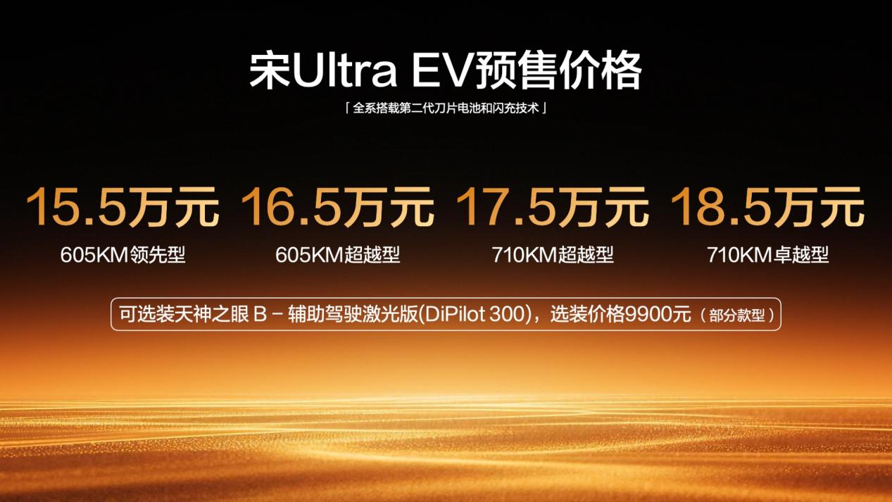 宋Ultra EV预售15.5万起 全系搭载第二代刀片电池及闪充技术